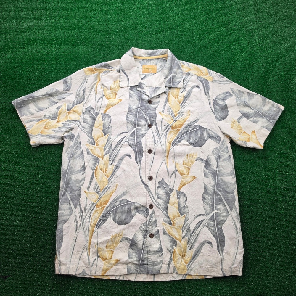 Tommy Bahama Hawaiian Camp Shirt Mens Medium Silk Woven Floral Jacquard Beach